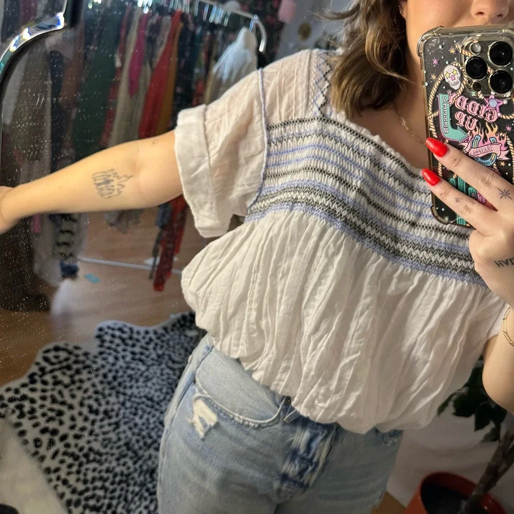 Free People White Boho Smocked Yoke Peasant Top